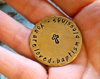 Boys Baptism Gifts, Baptism Gifts for Girls, Custom Gold Coin, Pocket Token, Baby Baptism Ornament, Hand Stamped Keychain