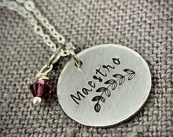 Mothers Day Gift Idea, Gifts for Best Friend Female, Birthstone Necklace for Mom, Round Name Necklace, Silver Name Necklace