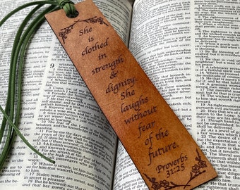 Bible Verse Leather Bookmark, She is Clothed in Strength and Dignity Psalm 31 Personalized Christian Birthday Gift for Women