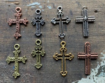 Cross Charms, Gold Silver Copper Filagree Cross Pendants