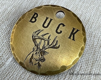 Engraved Brass Hunting Dog Tag: Deer Antler Pet ID