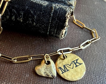 Personalized Gold Paperclip Chain Bracelet | Initial Disc & Heart Charm