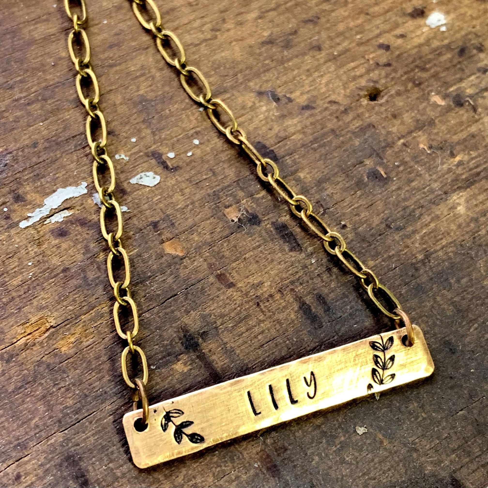 Name Bar Necklace Antique Gold Name Bar Necklace Dainty Name Etsy
