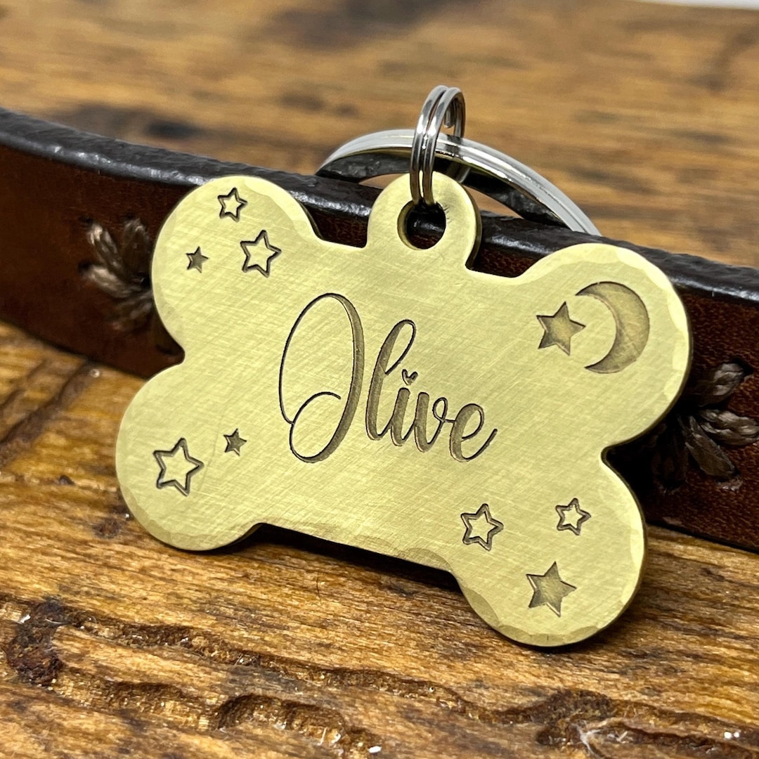 Engraved Brass Bone Dog Tag Moon Stars Pet ID Custom Celestial engraved-brass-bone-dog-tag-moon-stars-pet-id-custom-celestial