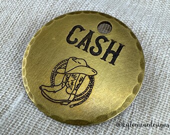 Engraved Brass Cowboy Dog Tag: Western Boots & Ropes Design