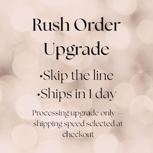 May include: Text on a blurred background reads "Rush Order Upgrade." Additional text states "Skip the line" and "Ships in 1 day." The bottom of the image says "Processing upgrade only - shipping speed selected at checkout."