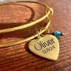 Personalized Baby Name Bracelet: Gold Heart Charm, Swarovski Birthstone