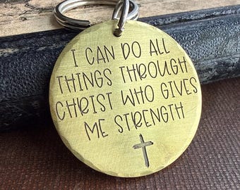 Christian Men’s Keychain | I Can Do All Things Through Christ | Engraved Brass EDC Gift