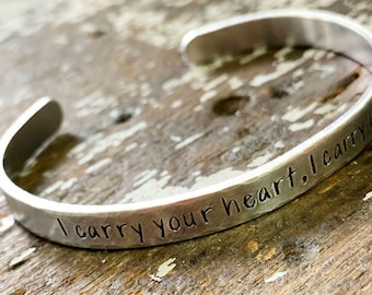 Mothers Day Gift Idea, I Carry Your Heart I Carry It In Mine Cuff Bracelet, 10 Year Anniversary Gift for Wife