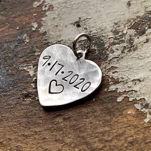 Custom Heart Charm, Hammered Heart Charm, Personalized Wedding Date for Bracelet, Necklace