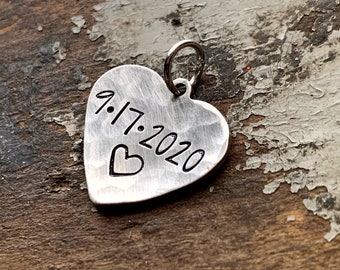Custom Heart Charm, Hammered Heart Charm, Personalized Wedding Date for Bracelet, Necklace