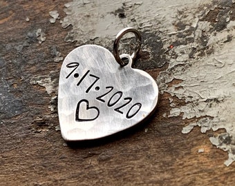 Date Heart Charm, Hammered Heart Charm, Personalized Wedding Date for Bracelet, Necklace