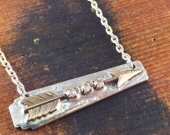 Silver Arrow Necklace with Rhinestones, Soldered Jewelry, Bar Style Necklace, Follow Your Arrow, Silverware Jewelry, Wanderlust