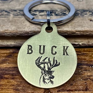 Medium Custom Dog Tag with Deer Head Design, Outdoorsman Pet ID Tags, Hunter Dog Tag, Solid Brass Dog Tag for Dogs, Buck Design Dog Name Tag