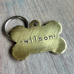 Dog Bone Tag for Puppy, Gold Bone Shaped Dog Tag, Large Custom Hand Stamped ID Tag for Pets with Easy to Read Name