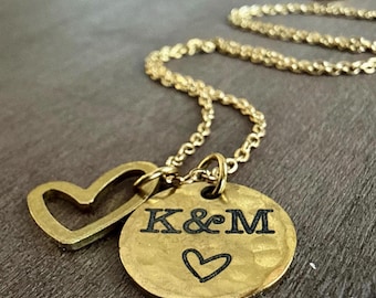 Personalized Initials Necklace – Hand Hammered Disc with Heart Charm