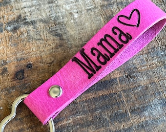 Mama Gift for Mothers Day, Momma Keychain, Custom Leather Pink Keychain, Personalized Heart Key Fob, 1st Mothers Day Gifts