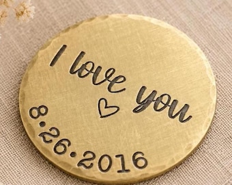 Personalized Brass Anniversary Coin, I Love You Pocket Token, Custom Date Gift for Husband, Romantic Keepsake