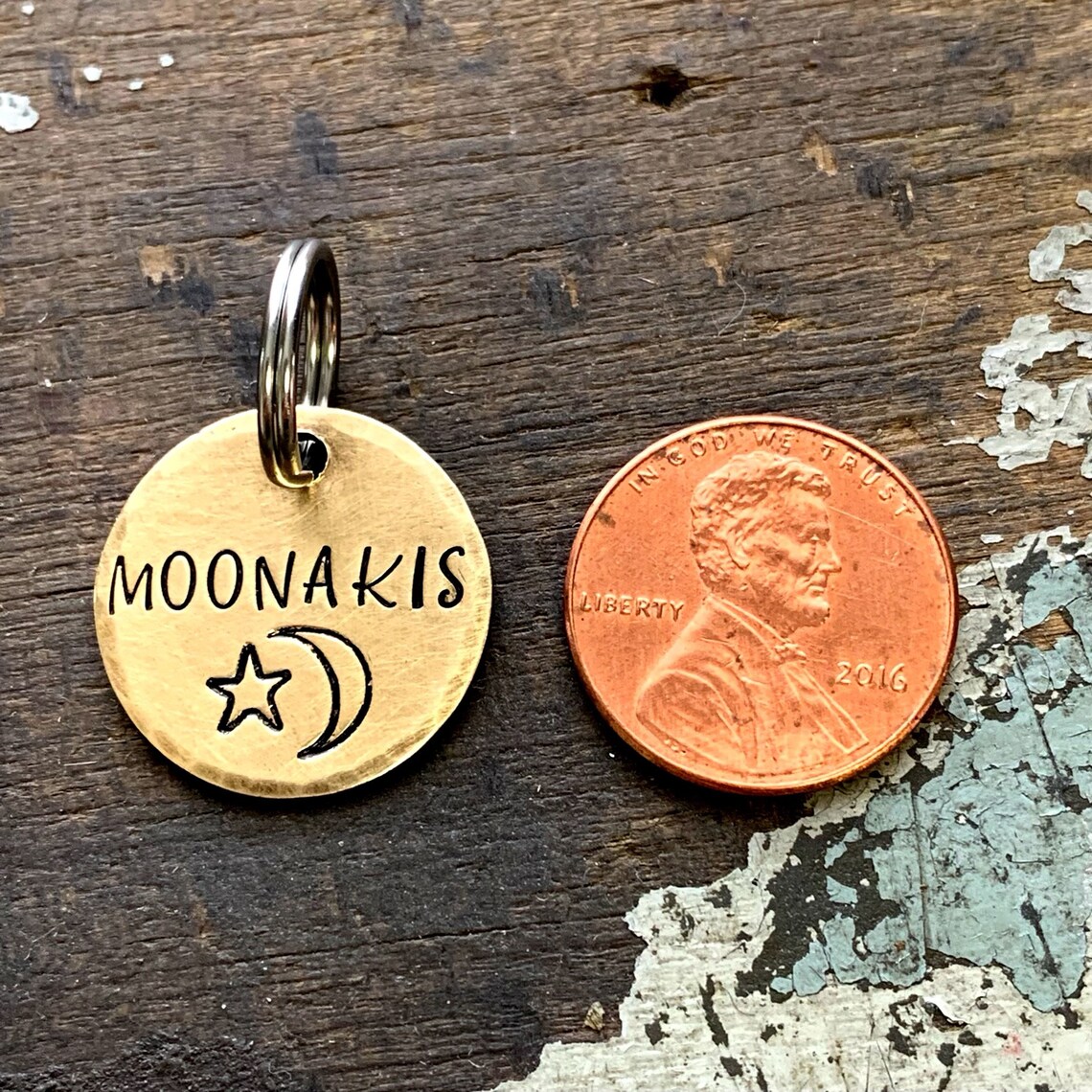 Hand Stamped Celestial Cat Tag | Gold Moon & Star Cat Name Tag | Small ...