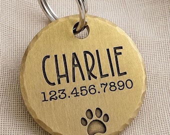 Personalized Brass Dog Tag | Custom Pet ID Tag | Rustic Handmade Dog Collar Tag | Solid Brass Engraved Pet Tag | Large 1.25" Brass Tag
