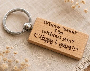 5th Anniversary Gift for Husband, Personalized Wood Anniversary Keychain, Custom Wedding Date Gift, Wooden Gift for Him