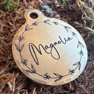 Summer Dog Tag, Flower Pet Tag with Floral Wreath Design, Artisan Pet ID Tags, Engraved Flower Dog Tag, Dog Tag for Dogs, Dog ID Tag