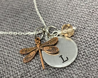 Gifts for Best Friend Female, Copper Dragonfly Necklace with Silver Initial Jewelry, Transformation Gift