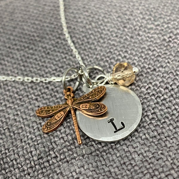 Gifts for Best Friend Female, Copper Dragonfly Necklace with Silver Initial Jewelry, Transformation Gift