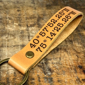 Personalized Leather Coordinates Keychain • Long Distance Gifts image 2