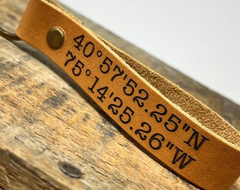 Personalized Leather Coordinates Keychain • Long Distance Gifts