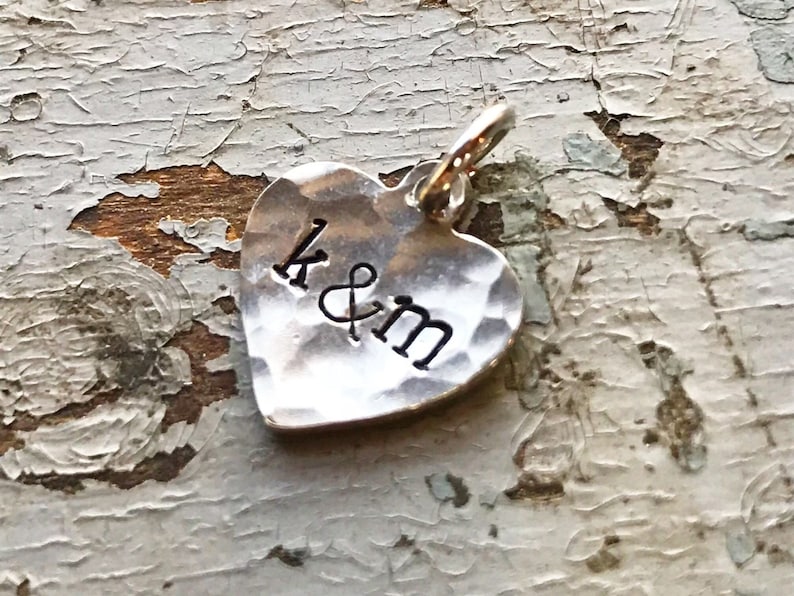 Hammered Heart Charm, Wedding Bouquet Charms, Silver Heart Pendant with Initials image 1