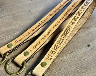 Personalized Leather Wristlet with Bible Verse – Christian Gift for Women, Custom Scripture Wristlet, Faith Inspired Leather Keychain