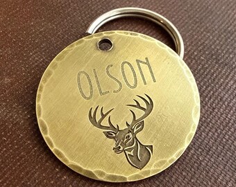 Buck Hunting Dog Tag: Engraved Deer Antler Solid Brass ID Tag