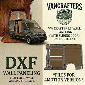 May include: A dark gray VW Crafter L3 van with an open sliding door is shown. The image includes text that reads "Vancrafters" and "DXF Wall Paneling" with details for 2017-present models. A diagram of wall paneling is also included.