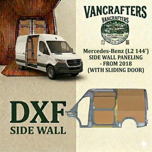 Op de afbeelding: Een witte Mercedes-Benz bestelwagen met de tekst "VANCRAFTERS" en "Mercedes-Benz (L2 144') SIDE WALL PANELING - FROM 2018 (WITH SLIDING DOOR)". De afbeelding toont ook een DXF zijwandpaneel.