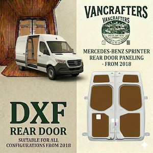 May include: A white Mercedes-Benz Sprinter van with open rear doors, displaying rear door paneling. The image includes text that reads "Vancrafters" and "DXF Rear Door Suitable for all configurations from 2018."