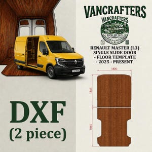 Può includere: Un furgone Renault Master giallo con una porta laterale aperta, che mostra un interno in legno. L'immagine include un design del modello del pavimento con dimensioni di 184,5 cm x 180 cm. Il testo sull'immagine recita "VANCRAFTERS" e "DXF (2 pezzi)".
