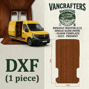 Può includere: Un furgone Renault Master giallo con una porta laterale aperta è mostrato accanto a un modello di pavimento in legno marrone. Il modello misura 1800mm x 3690mm. Il testo "VANCRAFTERS" e "DXF (1 pezzo)" è presente.