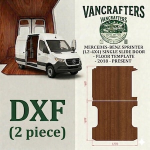 May include: A white Mercedes-Benz Sprinter van with an open side door, showcasing a wooden floor template. The image includes a diagram of the floor template, labeled with dimensions in millimeters, and the text "DXF (2 piece)". The text "Vancrafters" is also visible.