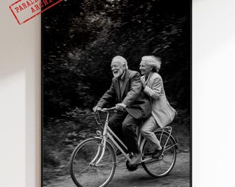 Póster de pareja mayor, arte mural romántico con bicicleta, lámina de amor vintage, fotografía de pareja en blanco y negro, decoración de relaciones