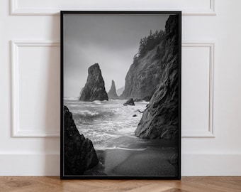 Cuadros murales costeros en blanco y negro, láminas fotográficas del océano, decoración con fotos de playa.