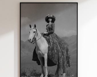 Vintage Western Pferdeportrait, schwarz-weißer Reiterdruck