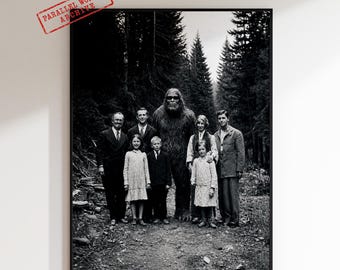 Foto familiar de Bigfoot, arte mural de críptidos, decoración paranormal vintage, póster de Sasquatch
