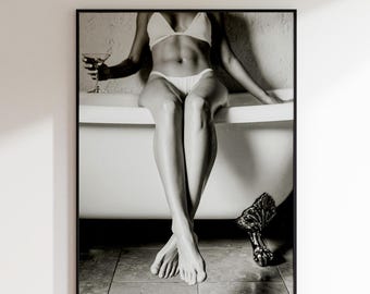 Luxury Black and White Photography for Bathroom Wall Art, Glamourous Feminine Portrait Decor