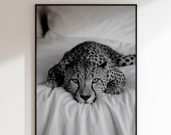 Cheetah Wall Art, Wildlife Photography Print, Black and White Leopard Photography, Modern Minimalist Bedroom Art
