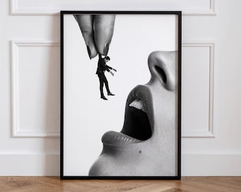 Arte mural feminista surrealista, decoración moderna para el empoderamiento femenino, fotografía en blanco y negro sobre el poder de las chicas.