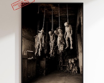 Póster de cadáver colgando, arte mural de terror, lámina macabra, decoración gótica, obra de arte de terror oscuro, estética perturbadora.