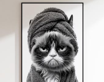 Mürrische Katze Wandkunst, lustiges schrulliges Badezimmer Dekor, humorvolles Schwarzweißfoto