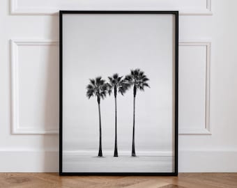 Fotografía minimalista vintage de playa, fotografía en blanco y negro, arte de pared de Miami Beach, Florida, impresión de palmera costera.