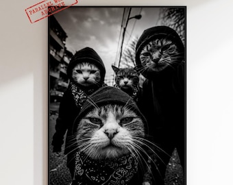 Póster de gato gánster, arte divertido de gatos, decoración de gatos callejeros, foto de animal urbano, póster en blanco y negro